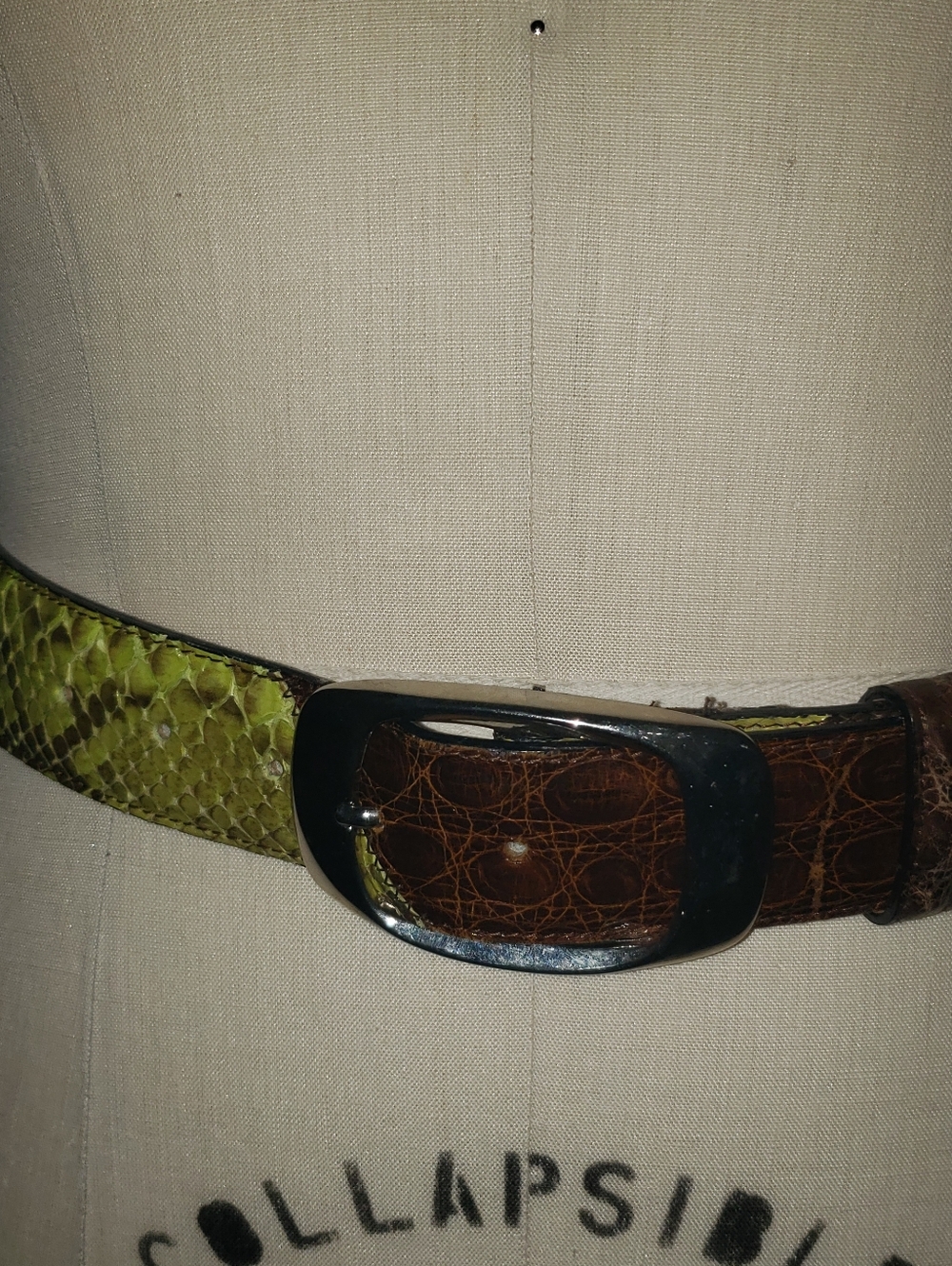 Preowned Rare Genuine Crocodile And Python Skin Belt Lime Green & Brown Italy